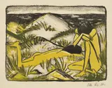 Otto Mueller, Ein in Dünen sitzendes und ein liegendes Mädchen (Zwei Mädchen in den Dünen, Sylt), 1920, Farblithographie auf Papier