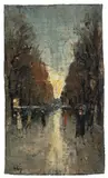 Lesser Ury, Allee in Berlin im Regen“. 1920er Jahre, Öl auf Leinwand auf Karton