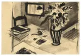August Macke, Stilleben mit Blumenvase, Büchern und Pfeife, 1912, Kreide auf Papier