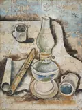 Jankel Adler, Stilleben mit Lampe und Flöte, 1927, Öl, Bleistift und Zement auf Pappe