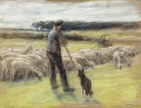 Max Liebermann, Schafe - Hirte mit Schafherde und Schäferhund bei Laren, Um 1895, Pastell auf braunem Papier