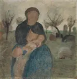 Paula Modersohn-Becker, Mutter mit Säugling an der Brust und Kind in Landschaft, Um 1905, Tempera auf Pappe
