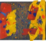 Sam Francis, Ohne Titel“ (Monotype Prototype), 1983, Öl, Pigmente, Farbstift und Holzelemente auf Holz