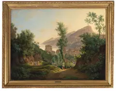 Josef Rebell, Ansicht der Stadt Vietri mit dem Blick auf Rieti und den Meerbusen von Salerno. Nach 1819, Öl auf Leinwand. Doubliert