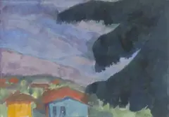 Emil Nolde, Violette Berglandschaft (dunkle Tanne und Häuser)“. 1920er-Jahre, Aquarell auf Japan