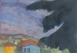 Emil Nolde, Violette Berglandschaft (dunkle Tanne und Häuser)“. 1920er-Jahre