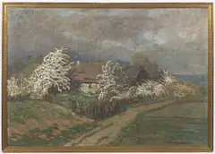 Otakar Hůrka, Village Houses in Spring, First half of 20th century, oil on cardboard