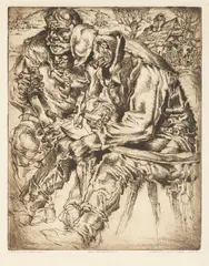 Rudolf Mather, Peasants Peening Scythes, 1938, etching, paper