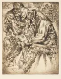 Rudolf Mather, Peasants Peening Scythes, 1938, etching, paper