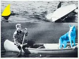 John Baldessari, Man, Dog (Blue), Canoe/Shark Fins (One Yellow), Capsized Boat