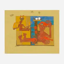 Ruth Sharon, Seated Figures, ink and watercolor on burlap mat board