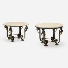 Gilbert Poillerat, Occasional tables, pair, c. 1950, wrought iron, limestone, gilt wrought iron