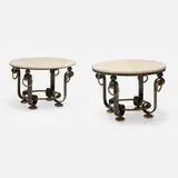 Gilbert Poillerat, Occasional tables, pair, c. 1950, wrought iron, limestone, gilt wrought iron
