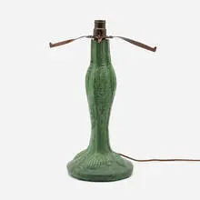 Wheatley Pottery, Table lamp base with buds, c. 1905, glazed earthenware, handwrought and patinated copper, patinated brass