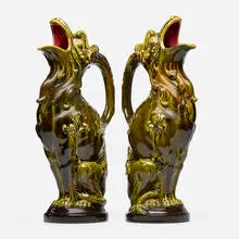 Sarreguemines, Majolica griffin pitchers, pair, c. 1885, glazed earthenware