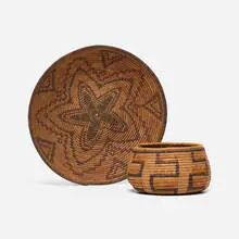 Native American, Pima winnowing tray and Pomo basket, c. 1905, woven grass