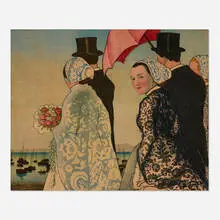 Carl Moser, Bretonische Hochzeit, woodcut in colors