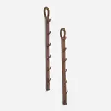 Jacques Adnet, Coat racks, pair, c. 1965, saddle-stitched leather over steel, brass