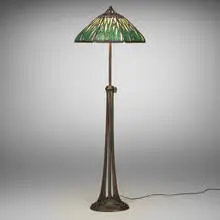 Handel, Cattail floor lamp, patinated metal, painted slag glass