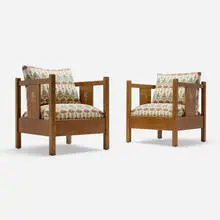 Stickley-Audi, Inlaid cube chairs, pair, c. 2000, oak, upholstery, fruitwood inlay