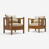 Stickley-Audi, Inlaid cube chairs, pair, c. 2000, oak, upholstery, fruitwood inlay