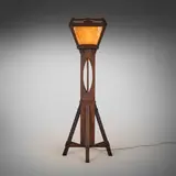 Floor lamp by attribution Peterson Art Furniture Co., c. 1910, oak, slag glass, sold May 2025