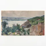 Vesele, 1904 ; Kyiv, 1997 / Veduta del Dniepr by Mykhaylo Gordyevich Deregus, oil on cardboard, offered Oct 2023