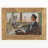 Lisichansk, 1918 ; 1992 / Macchinista by Volodymir Mykhaylovich Chernikov, oil on cardboard, offered Oct 2023