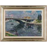 Volochysk, 1912 ; Kiev, 2002 / Ponte sul fiume / Firmato I Tartakovsky in basso a destra by Isaac Iosifovich Tartakovsky, oil on cardboard, offered Oct 2023