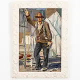 Evgeni Fedorovich Samusev, 1946 / Operaio al lavoro / Firmato E Samusev in basso a destra, oil on cardboard
