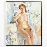 Kyiv, 1968 by Odarka Anatoliivna Titarenko, Nudo femminile poggiato su una balaustra Olio su tela, offered Oct 2023