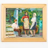Evgeni Fedorovich Samusev, 1946 / Agricoltori nella serra / Firmato E Samusev in basso a destra, oil on cardboard