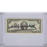 Andy Warhol, Pittsburg 1928 - New York 1987 / 2 dollari (Thomas Jefferson), 1976 / Dollaro / Firmata al centro, Autentica su fotografia della Galerie 32