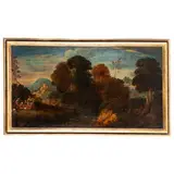 Giuseppe Roncelli, Paesaggio fluviale con viandanti a riposo, oil on canvas