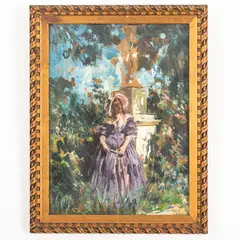 Luca Postiglione, Napoli, 1876 - 1936 / Fanciulla con cappello nel parco / Firmato L Postiglione in basso a sinistra, oil on cardboard