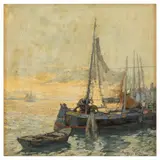 Angelo Pavan, Vicenza 1893 - Venezia 1945 / Bragozzi a Chioggia / Titolo e firma A Pavan sul retro, oil on tavoletta