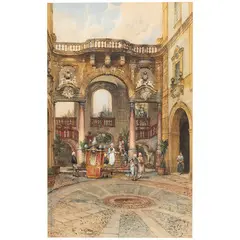 Rocco Lentini, Palermo 1858 - Venezia 1953 / Portantina in un interno di palazzo / Firmato R Lentini e datato 1884 in basso a sinistra, watercolour on paper