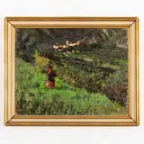 Giotto Sacchetti, Roma, 1887 - Montevettolini, 1950 / Veduta di Castelmarte con contadina / Firma G Sacchetti in basso a destra, oil on canvas
