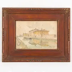 Arturo Ferrari, Milano 1861 - 1932 / Naviglio pavese, Milano / Firmato Arturo Ferrari e datato 30 marzo 1914 in basso a destra, Acquarello su carta
