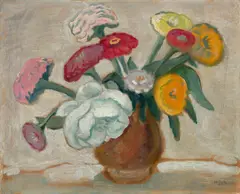 Zinnien und weiße Rose by Gabriele Münter, 1935, Öl auf Karton, sold Nov 2025