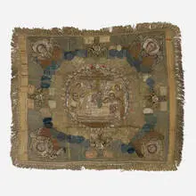 Syrian, The Lamentation chalice veil, silk and metallic thread, sequins, foil, seed pearls, oil paint on silk fabric