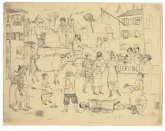Rudolf Schlichter, Um eine Kuh (Republik), 1918, Bleistift auf bräunlichem Papier (mit dem Prägestempel Progress)