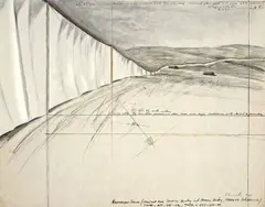 Running Fence by Christo, 1975, Stoffcollage, Farbkreide, Bleistift und roter Kugelschreiber (verblaßt) auf Karton, sold Nov 2008