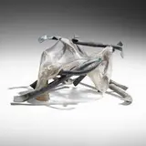 Untitled (Fusion) by Claire Falkenstein, c. 1975, welded copper, fused glass bottle, sold May 2022
