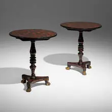 Regency Style, Tables with Japonesque flowers, pair, lacquered wood, gilt wood