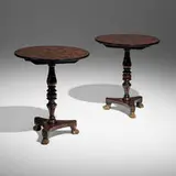 Regency Style, Tables with Japonesque flowers, pair, lacquered wood, gilt wood