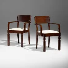Charles Dudouyt, Armchairs, pair, c. 1945, oak, upholstery