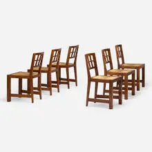 Dining chairs, set of six by attribution Francis Jourdain, c. 1915, mahogany, rush, sold May 2025