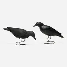 Folk Art, Crow decoys, set of two, c. 1950, carved and painted wood, painted steel