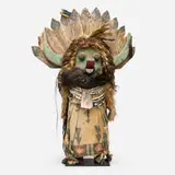 Zuni, Large Kachina doll, c. 1910, pine, cloth, fur, paint, yarn, assorted bird feathers, freshwater snail shells, turquoise nuggets, Olivella shells, cylindrical bone beads, spherical wood beads, abalone, spiny oyster, alabaster, coral, glass, horse hair, goat hair, cotton